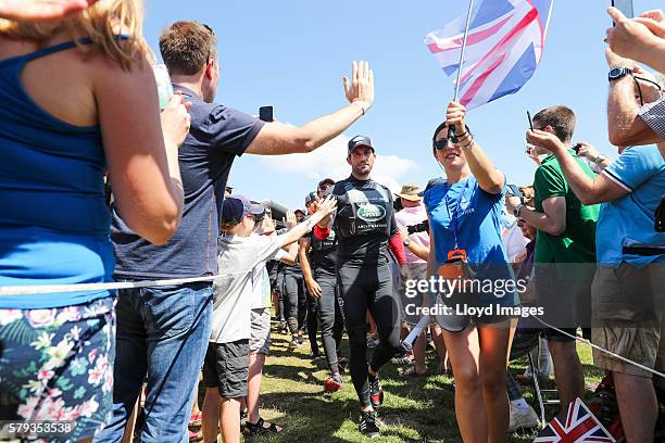 Land Rover BAR skipper Ben Ainslie meets fans during the 'dock out' show prior to racing, day two of The 35th America's Cup Louis Vuitton World...