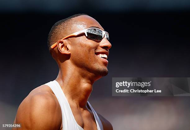 Matthew Hudson-Smith of Great Britain smiles as he prepares the Mens 400m during Day Two of the Muller Anniversary Games at The Stadium - Queen...