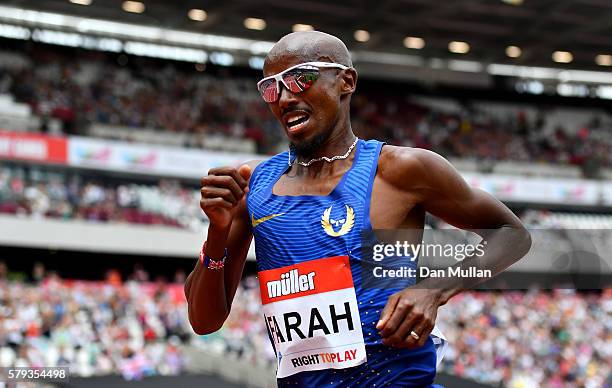 Mo Farah of Great Britain competes in the Men's 5000m during Day Two of the Muller Anniversary Games at The Stadium - Queen Elizabeth Olympic Park on...