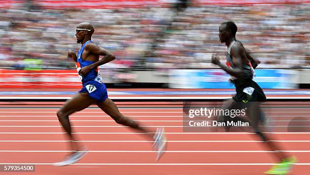 Mo Farah of Great Britain competes in the Men's 5000m during Day Two of the Muller Anniversary Games at The Stadium - Queen Elizabeth Olympic Park on...