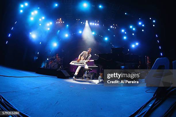 Jon Batiste and Stay Human perform at Celebrate Brooklyn! at Prospect Park Bandshell on July 22, 2016 in New York City.