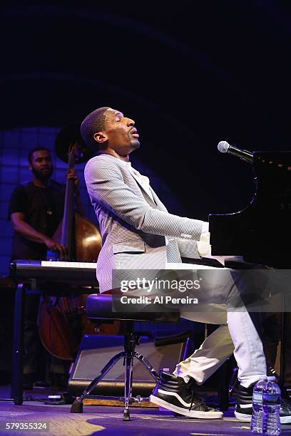 Jon Batiste and Stay Human perform at Celebrate Brooklyn! at Prospect Park Bandshell on July 22, 2016 in New York City.