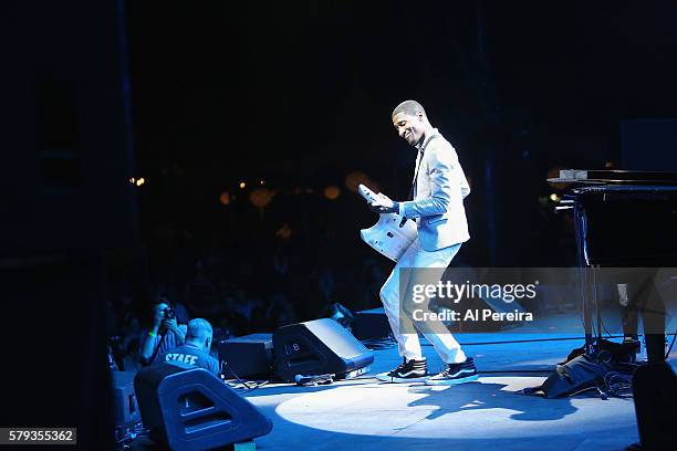 Jon Batiste and Stay Human perform at Celebrate Brooklyn! at Prospect Park Bandshell on July 22, 2016 in New York City.