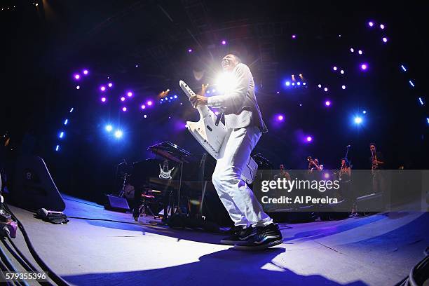 Jon Batiste and Stay Human perform at Celebrate Brooklyn! at Prospect Park Bandshell on July 22, 2016 in New York City.