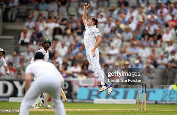 England bowler Chris Woakes catches Pakistan batsman Azhar Ali off his own bowling during day two of the 2nd Investec Test match between England and...