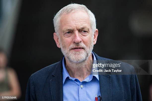 Labour Leader Jeremy Corbyn leaves following a rally at The Lowry theatre in Salford on July 23, 2016 in Manchester, England. Mr Corbyn, who faces a...