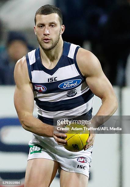 Debutante, Sam Menegola of the Cats in action during the 2016 AFL Round 18 match between the Geelong Cats and the Adelaide Crows at Simonds Stadium...