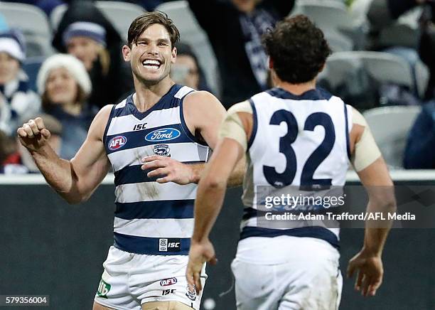 Tom Hawkins of the Cats celebrates a goal with Steven Motlop of the Cats during the 2016 AFL Round 18 match between the Geelong Cats and the Adelaide...