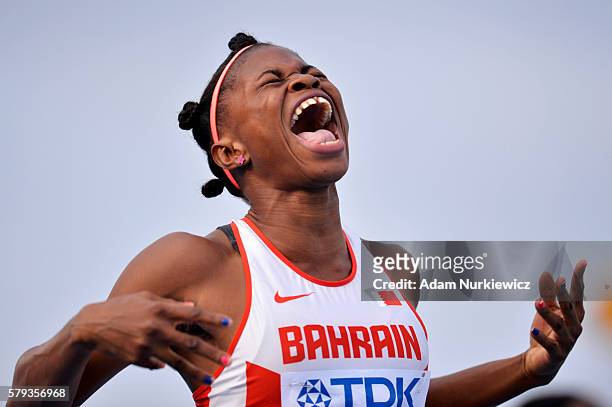 Edidiong Ofonime Odiong from Bahrain celebrates winning a gold medal in women's 200 metres during the IAAF World U20 Championships at the Zawisza...