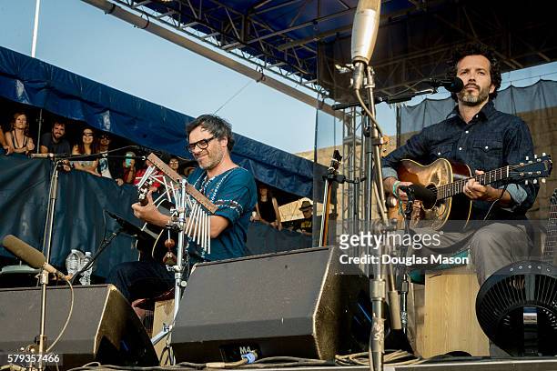 Jemaine Clement and Bret McKenzie of Flight of the Conchords perform during the Newport Folk Festival at Fort Adams State Park on July 22, 2016 in...