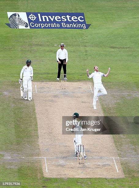 Ben Stokes of England celebrates the wicket of Younis Khan during day two of the 2nd Investec Test between England and Pakistan at Old Trafford on...