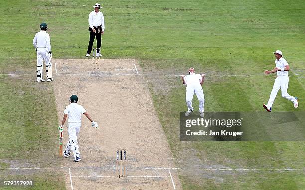 Ben Stokes of England celebrates the wicket of Younis Khan during day two of the 2nd Investec Test between England and Pakistan at Old Trafford on...