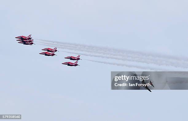 The RAF Red Arrows perform during the 28th Sunderland International Air show on July 23, 2016 in Sunderland, England. Held over three days on and...