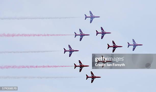 The RAF Red Arrows perform during the 28th Sunderland International Air show on July 23, 2016 in Sunderland, England. Held over three days on and...