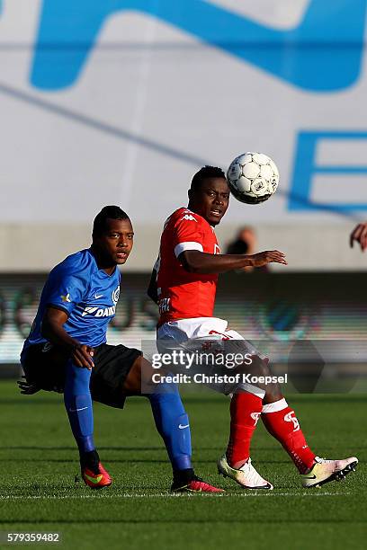 Bernie Ibini-Isei of Brugge l challenges Collins Fai of Standard Liege during the Supercup macth between Club Brugge and Standrad Liege at...