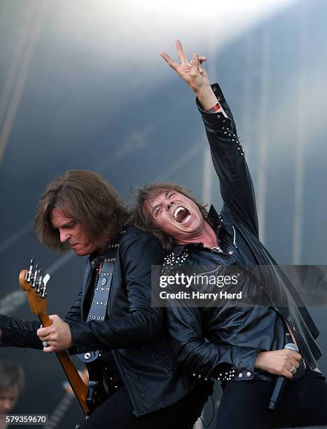 John Leven and Joey Tempest of Europe perform at Ramblin Man Fair at Mote Park on July 23, 2016 in Maidstone, England. Arry Herd/Redferns)