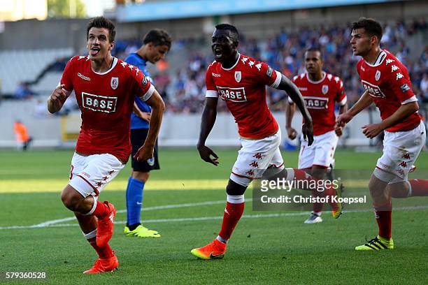 Ivan Santini of Standard Liege celebrates the first goal during the Supercup match between Club Brugge and Standrad Liege at Jan-Breydel-Stadium on...