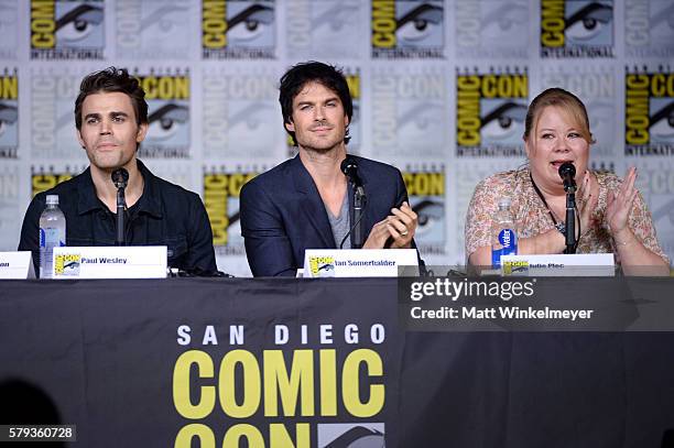 Actors Paul Wesley and Ian Somerhalder and writer/producer Julie Plec attend the "The Vampire Diaries" panel during Comic-Con International 2016 at...