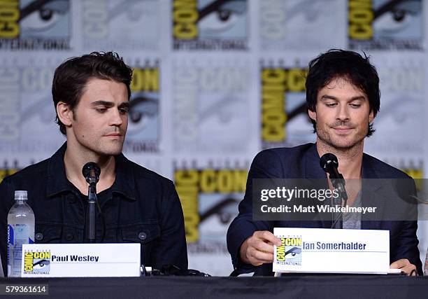 Actors Paul Wesley and Ian Somerhalder attend the "The Vampire Diaries" panel during Comic-Con International 2016 at San Diego Convention Center on...