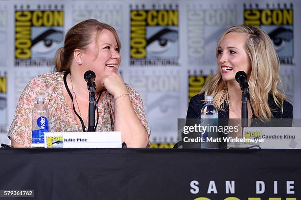 Writer/producer Julie Plec and actress Candice King attend the "The Vampire Diaries" panel during Comic-Con International 2016 at San Diego...