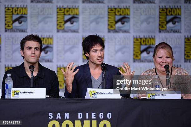 Actors Paul Wesley and Ian Somerhalder and writer/producer Julie Plec attend the "The Vampire Diaries" panel during Comic-Con International 2016 at...