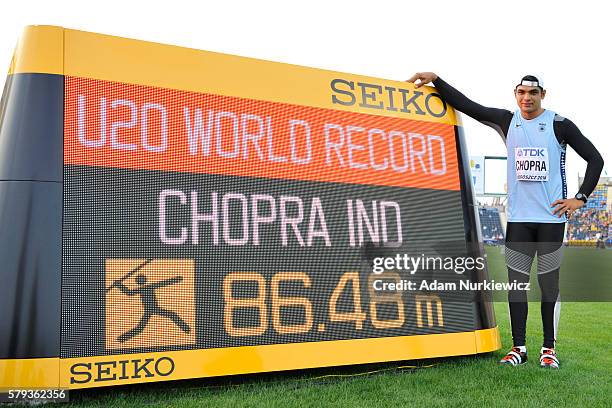Neeraj Chopra from India competes in men's jewelin throw during the IAAF World U20 Championships at the Zawisza Stadium on July 23, 2016 in...