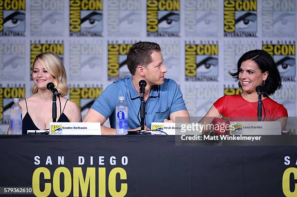 Actors Emilie de Ravin, Josh Dallas and Lana Parrilla attend the "Once Upon A Time" panel during Comic-Con International 2016 at San Diego Convention...