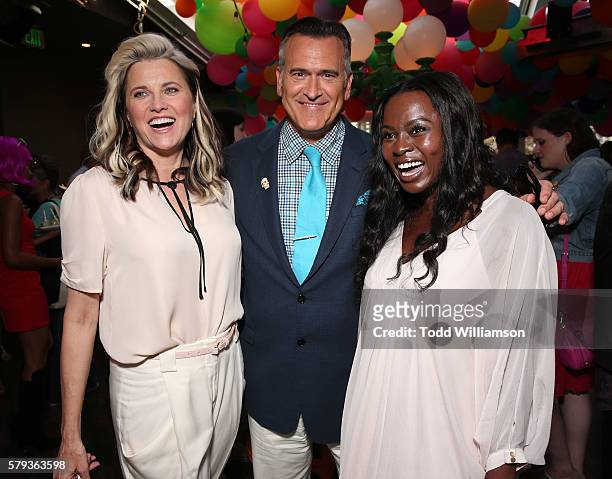 Lucy Lawless, Bruce Campbell and Yetide Badaki attend the Comic-Con International 2016 - Starz Cocktail Party at on July 22, 2016 in San Diego,...