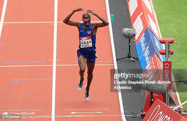 Mo Farah of Great Britain wins the mens 5000m during day two of the Muller Anniversary Games at The Stadium - Queen Elizabeth Olympic Park on July...