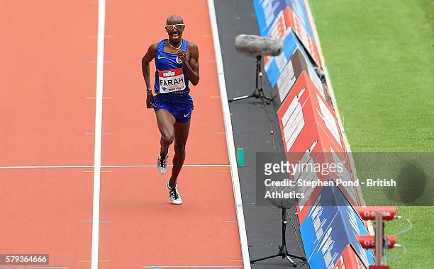 Mo Farah of Great Britain wins the mens 5000m during day two of the Muller Anniversary Games at The Stadium - Queen Elizabeth Olympic Park on July...