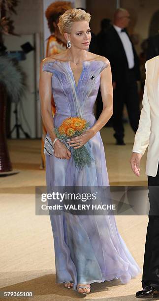 Princess Charlene of Monaco arrives to attend the 68th annual Red Cross Gala, on July 23 in Monaco. Created in 1948, the gala is an annual charity...