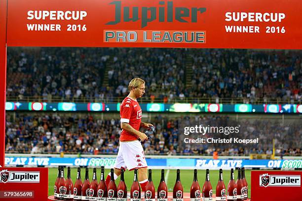 Jonathan Legear of Standard Liege looks dejected on the podium after losing the Supercup match between Club Brugge and Standrad Liege at...