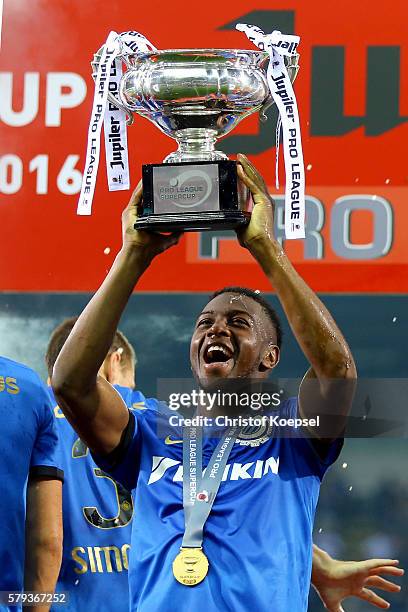 Bernie Ibini-Isei of Brugge lifst the trophy after winning 2-1 the Supercup match between Club Brugge and Standrad Liege at Jan-Breydel-Stadium on...