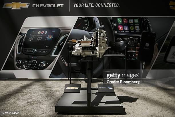 The enginer for the new General Motors Co. Chevrolet Volt EV electric compact vehicle is displayed during the Billington Global Automotive...