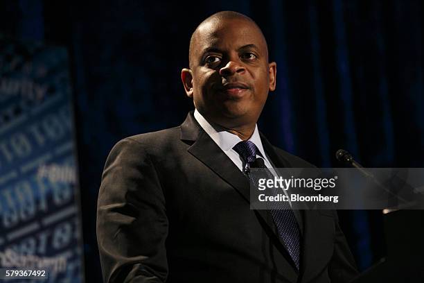 Anthony Foxx, U.S. Secretary of transportation, pauses while speaking during the Billington Global Automotive Cybersecurity Summit at the Cobo Center...