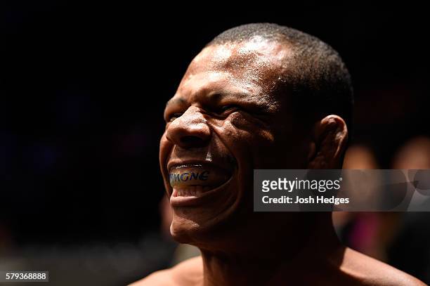 Alex Oliveira of Brazil prepares to enter the Octagon before facing James Moontasri in their welterweight bout during the UFC Fight Night event at...