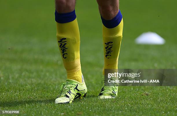 Close up of LUFC on the Leeds United socks during the Pre-Season Friendly match between Peterborough United and Leeds United at London Road Stadium...