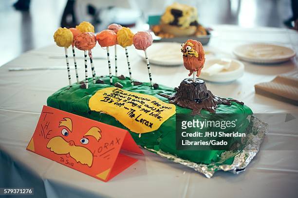 Lorax cake at the Johns Hopkins University's annual "Read It And Eat It" Edible Book Festival on the Homewood campus in Baltimore, Maryland, March,...