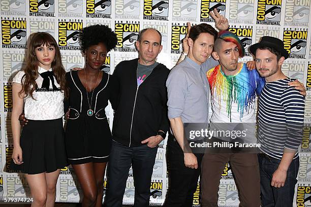 Hannah Marks, Jade Eshete, Robert Cooper, Samuel Barnett, Max Landis, and Elijah Wood attend the 'Dirk Gently's' press line during Comic-Con...