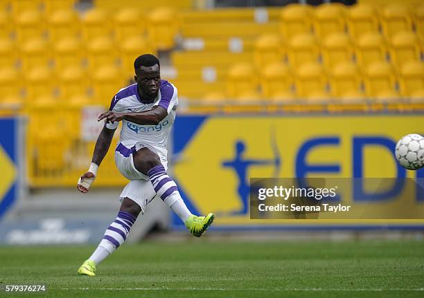 Cheick Tiote of Newcastle strikes the ball during the Pre Season Friendly match between KSC Lokeren and Newcastle United on July 23 in Lokeren,...