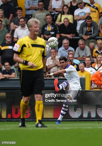 Ayoze Perez of Newcastle crosses the ball during the Pre Season Friendly match between KSC Lokeren and Newcastle United on July 23 in Lokeren,...