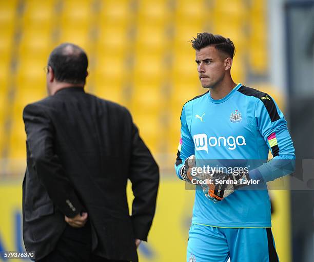 Newcastle Goalkeeper Karl Darlow waits pitch side with Manager Rafael Benitez during the Pre Season Friendly match between KSC Lokeren and Newcastle...