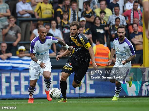 Yoan Gouffran of Newcastle runs with the ball on the ground during the Pre Season Friendly match between KSC Lokeren and Newcastle United on July 23...