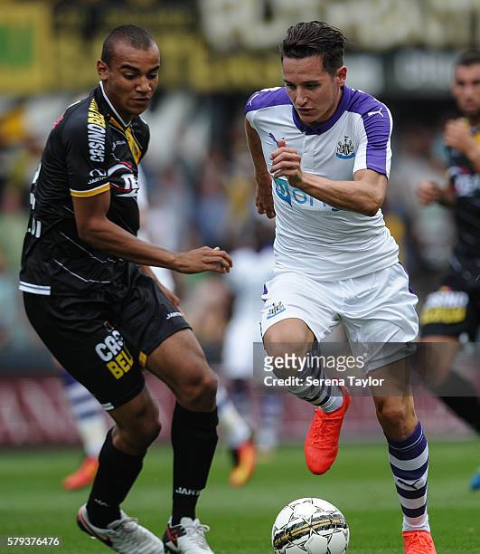 Florian Thauvin of Newcastle controls the ball during the Pre Season Friendly match between KSC Lokeren and Newcastle United on July 23 in Lokeren,...