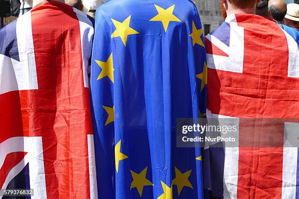Hundreds of Pro-European campaigners marched to 10 Downing Street, London, on 23th July 2016 to show support for a stronger Europe and to remain in...