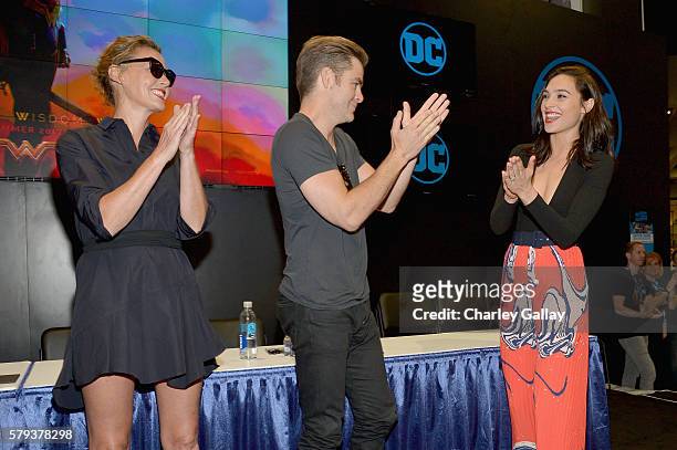 Actors Connie Nielsen, Chris Pine and Gal Gadot from the 2017 feature film Wonder Woman attend an autograph signing session for fans in DC's 2016 San...