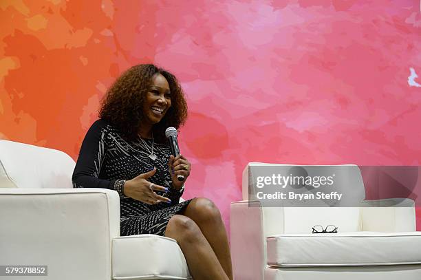 Recording artist Yolanda Adams speaks at the State Farm Color Full Lives Art Gallery during the 2016 State Farm Neighborhood Awards at Mandalay Bay...