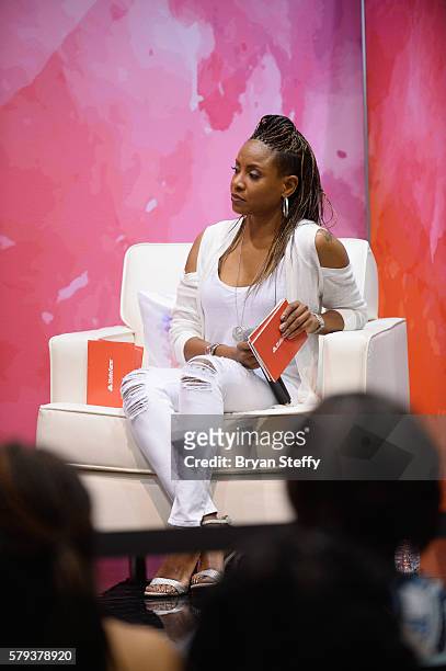 Recording artist MC Lyte speaks at the State Farm Color Full Lives Art Gallery during the 2016 State Farm Neighborhood Awards at Mandalay Bay Resort...
