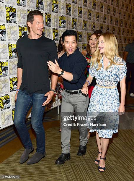 Sasha Roiz, Reggie Lee and Claire Coffee attends the "Grimm" press line during Comic-Con International on July 23, 2016 in San Diego, California.