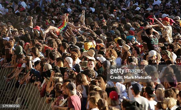 Festival goer crowd surfs during King Gizzard & The Lizard Wizard's performance during Splendour in the Grass 2016 on July 23, 2016 in Byron Bay,...